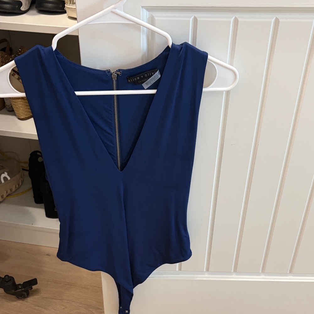 Alice + Olivia Deep Blue V-Neck Sleeveless Bodysuit